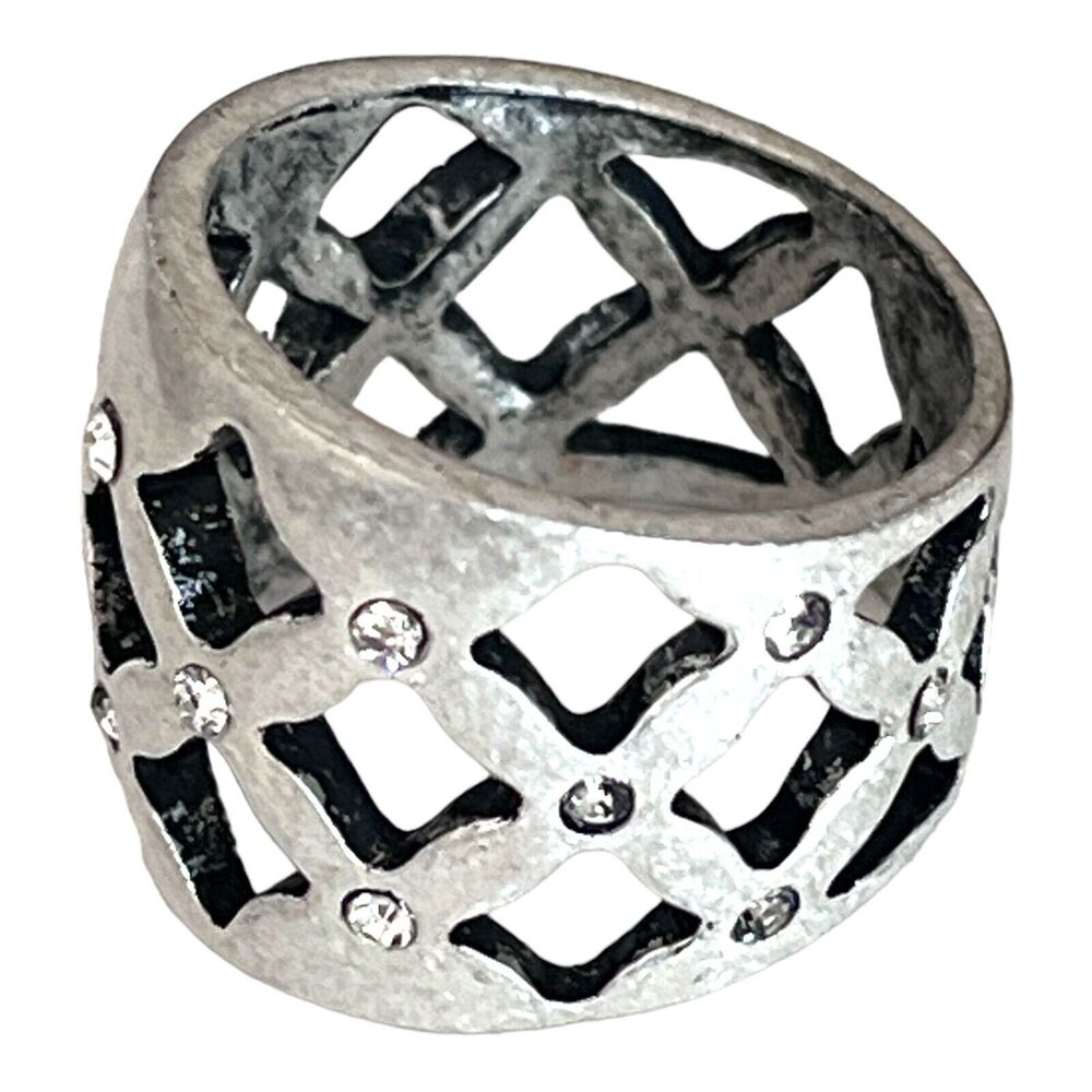 New Premier Designs Wide Band Ring Size 6 Openwork Crystal Silver Tone - 2N - Picture 2 of 5